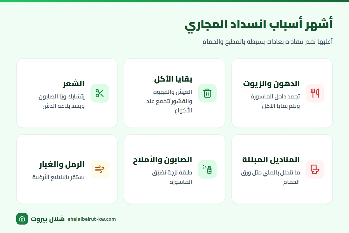 أسباب انسداد المجاري بالمطبخ والحمام: الدهون، الشعر، بقايا الأكل، الصابون والترسبات