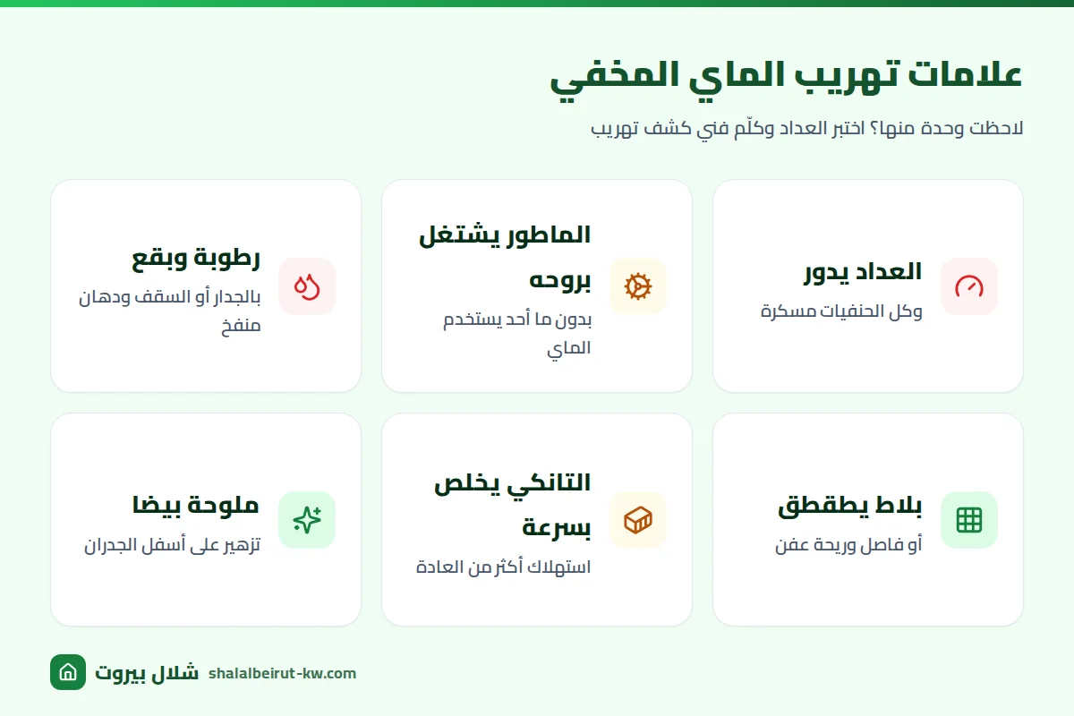 علامات تهريب الماي المخفي: العداد يدور والحنفيات مسكرة، رطوبة بالجدار، بلاط يطقطق، الماطور يشتغل بدون استخدام