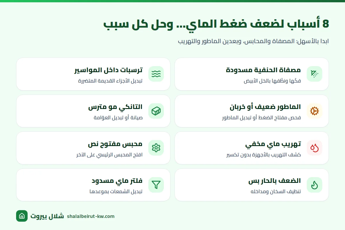 ملخص أسباب ضعف ضغط الماي وحلولها: المصفاة، الترسبات، الماطور، التانكي، التهريب، المحبس، السخان، والفلتر